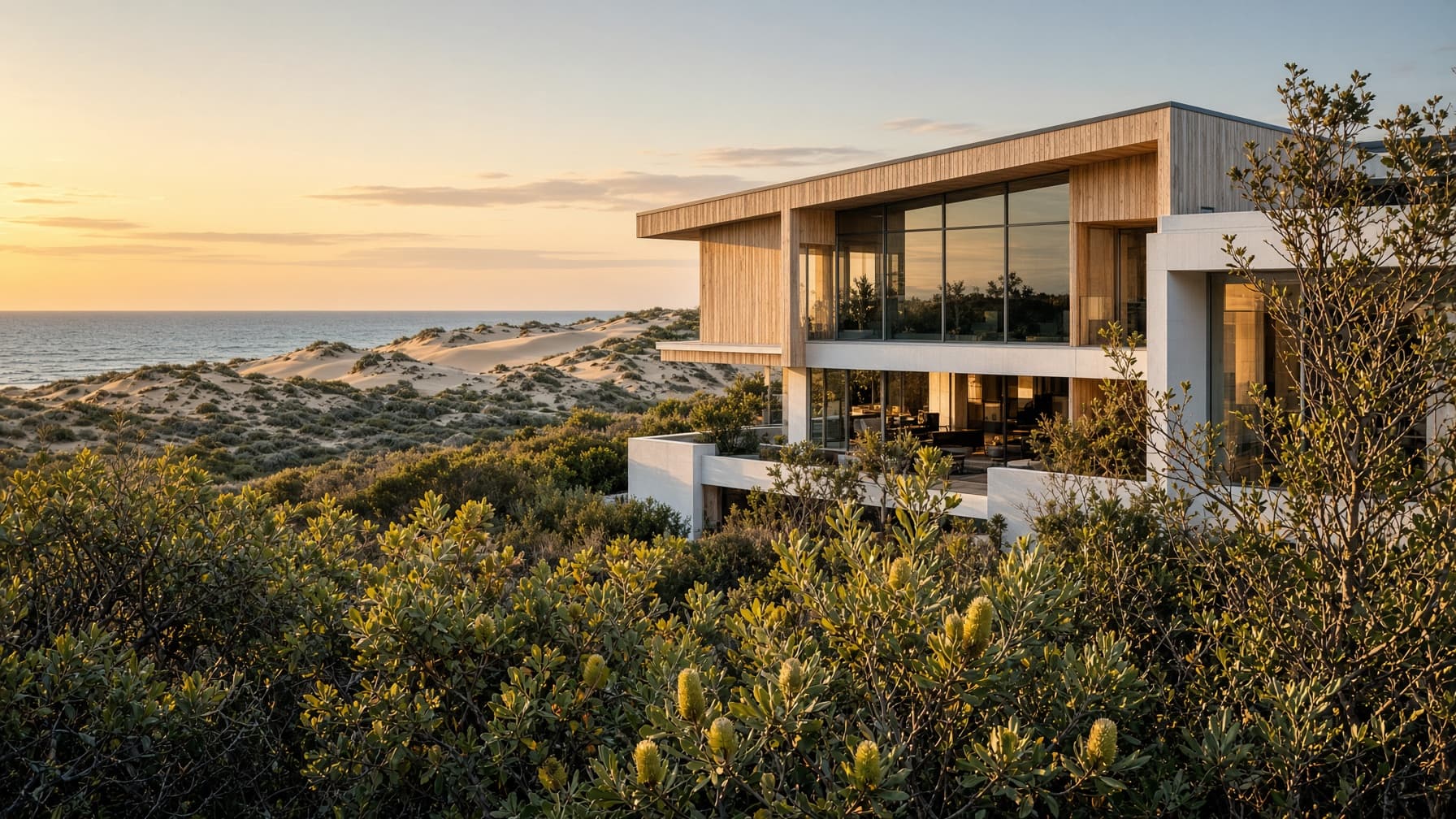 Golden-hour view of a Homezy holiday home on the Mornington Peninsula